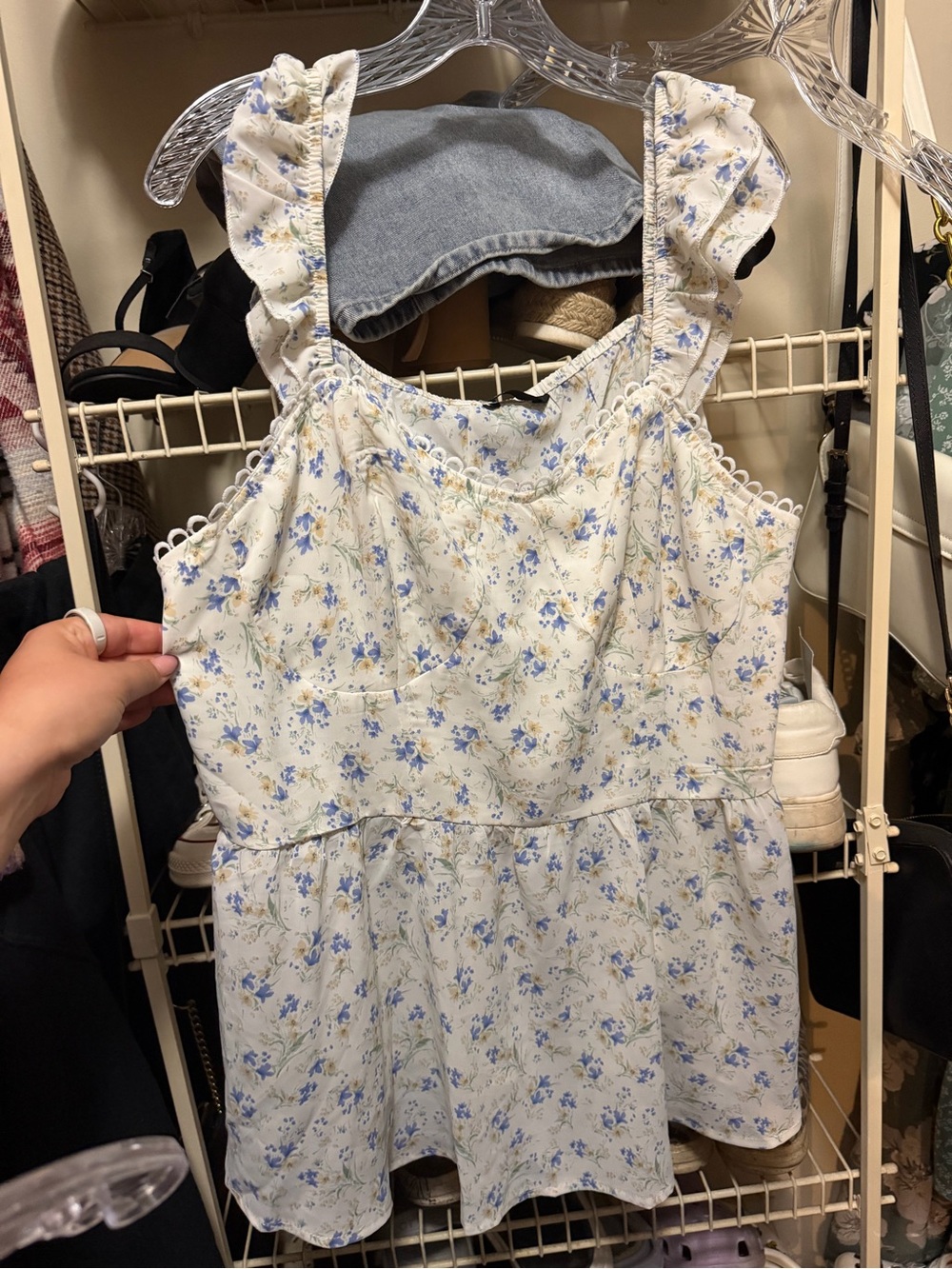Women’s Blue Floral Ruffle Strap Dress